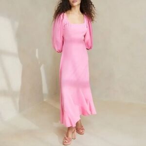 Loeffler Randal Carmina Midi Linen Bubblegum Curve Dress Size 8